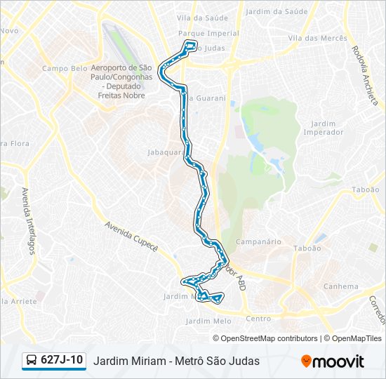 Mapa da linha 627J-10 de ônibus