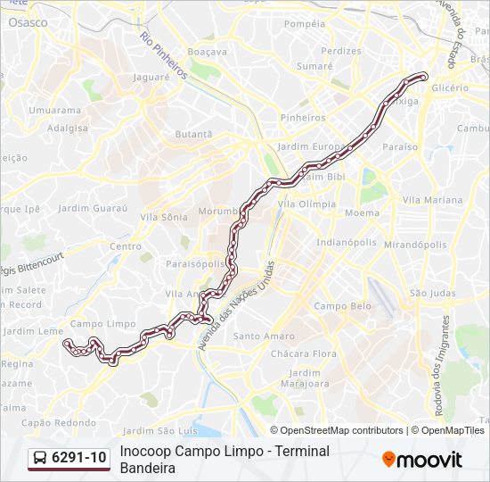 Mapa da linha 6291-10 de ônibus