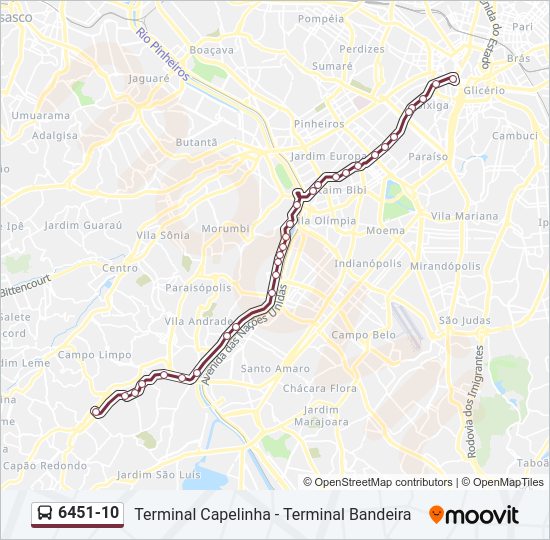 Mapa da linha 6451-10 de ônibus