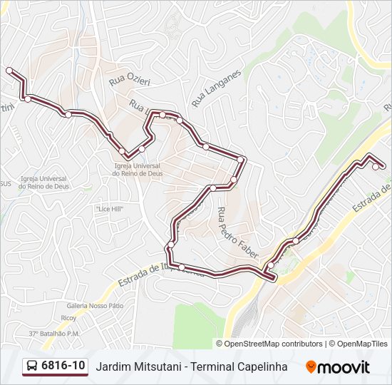 Mapa da linha 6816-10 de ônibus