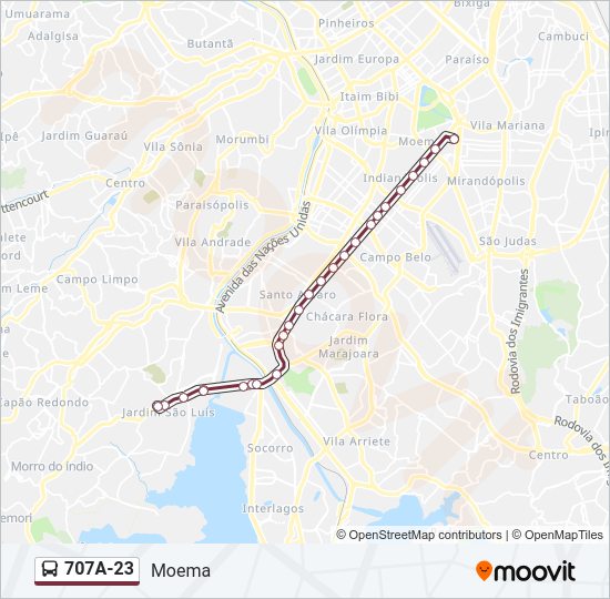 Mapa da linha 707A-23 de ônibus