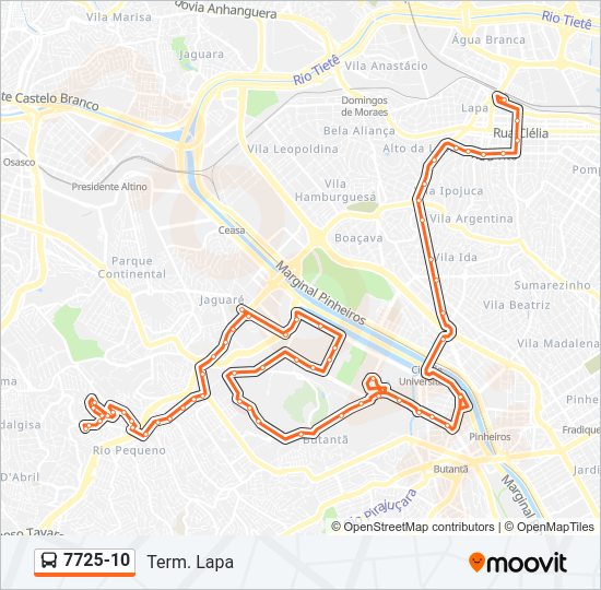 Mapa da linha 7725-10 de ônibus