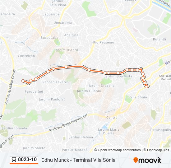 Mapa da linha 8023-10 de ônibus