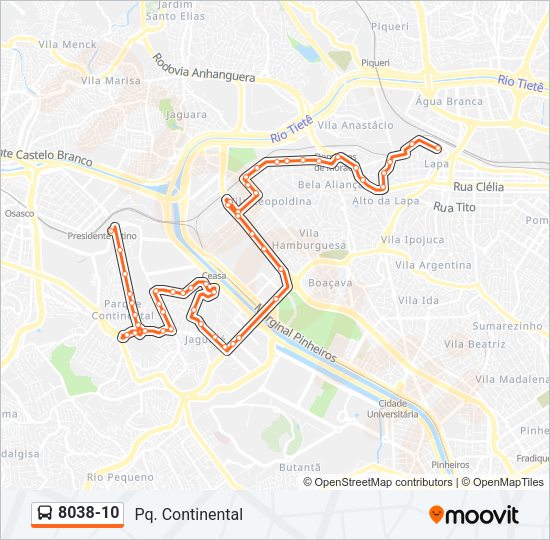 Mapa da linha 8038-10 de ônibus