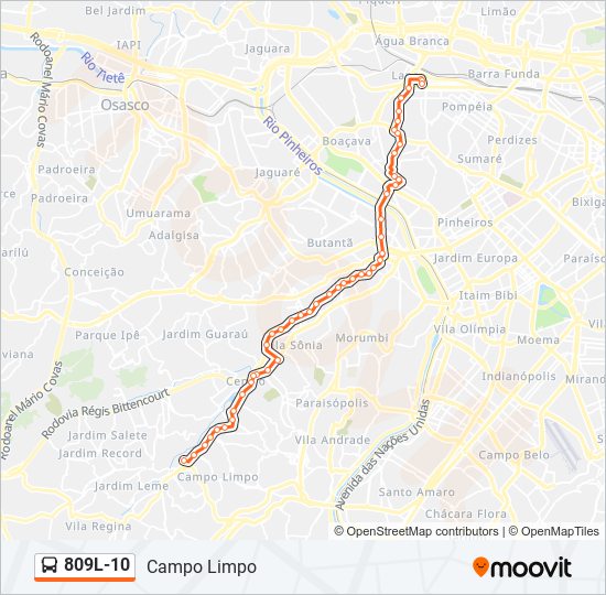 Mapa da linha 809L-10 de ônibus