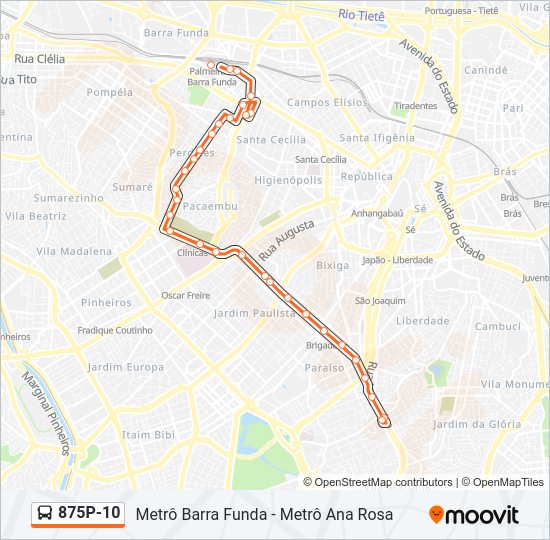 Mapa da linha 875P-10 de ônibus