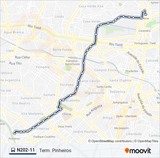 Mapa da linha N202-11 de ônibus