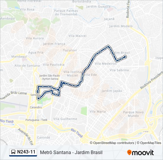 Mapa da linha N243-11 de ônibus