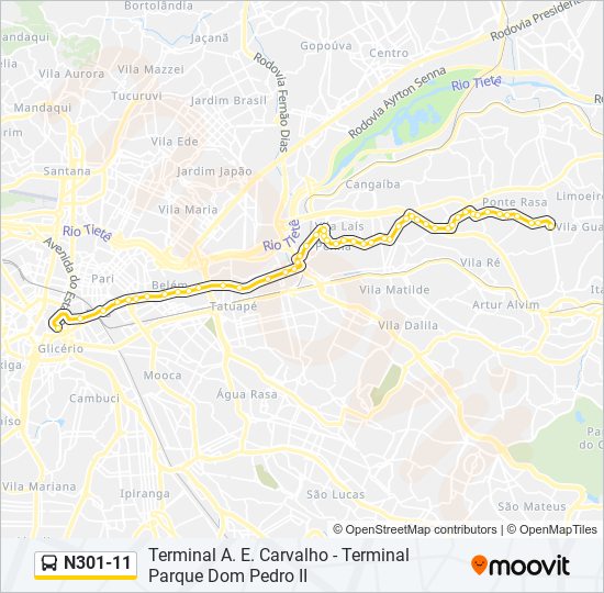 Mapa da linha N301-11 de ônibus