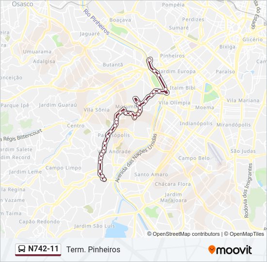 Mapa da linha N742-11 de ônibus