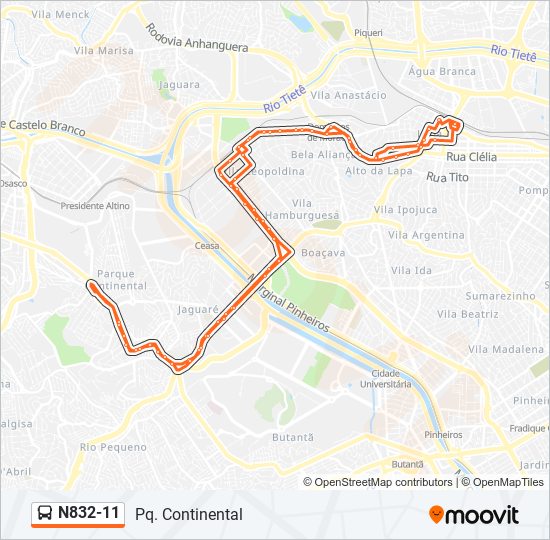 Mapa da linha N832-11 de ônibus