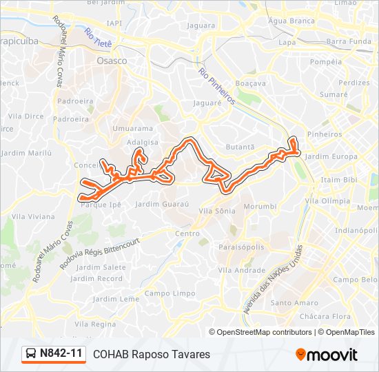 Mapa da linha N842-11 de ônibus