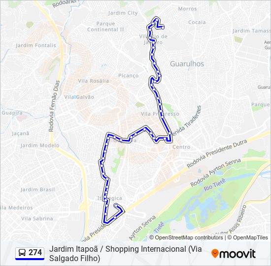 Mapa da linha 274 de ônibus