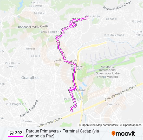 Mapa da linha 392 de ônibus