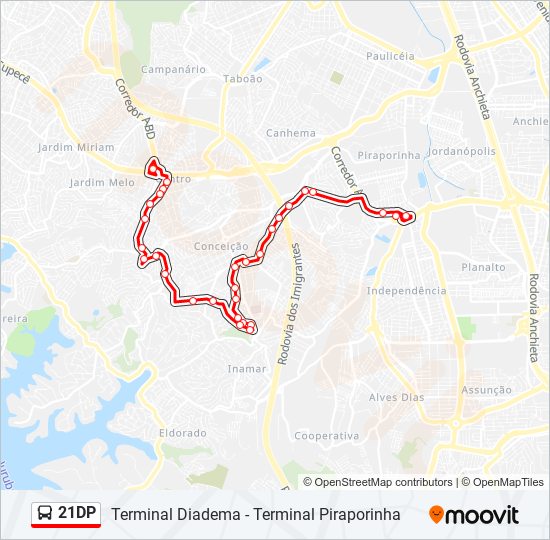 Mapa da linha 21DP de ônibus