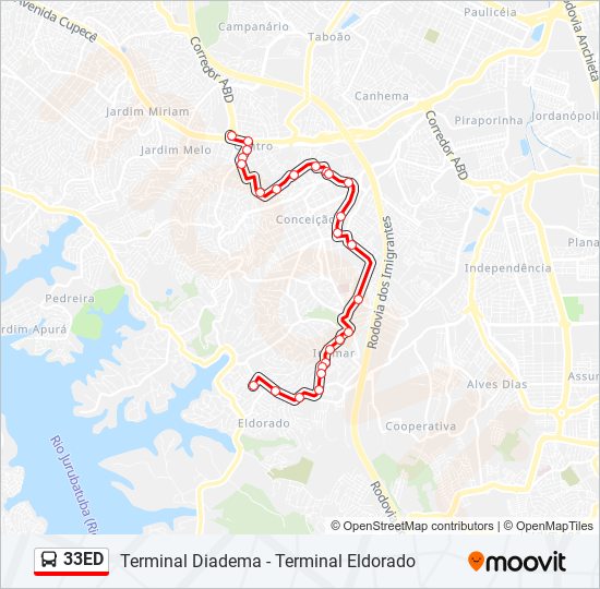 Mapa da linha 33ED de ônibus