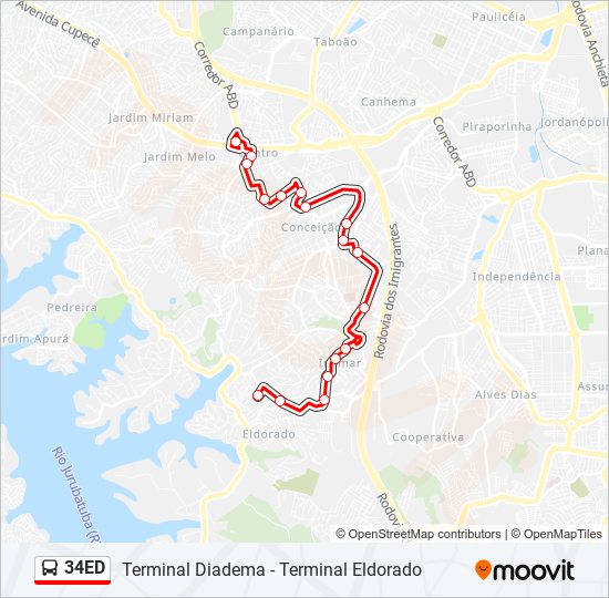 Mapa da linha 34ED de ônibus