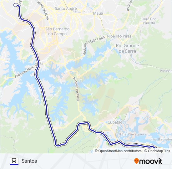 Mapa da linha SÃO PAULO (JABAQUARA) - SANTOS de ônibus