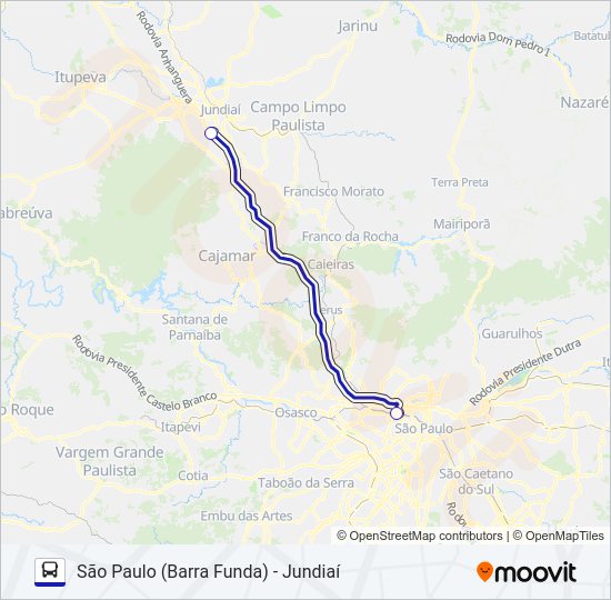 Mapa da linha SÃO PAULO (BARRA FUNDA) - JUNDIAÍ de ônibus