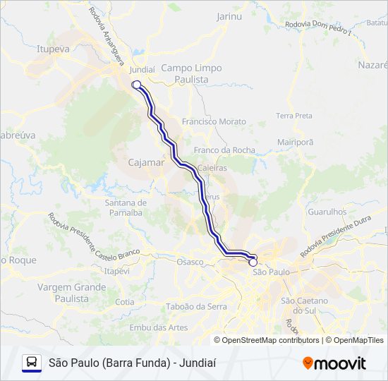 Mapa da linha SÃO PAULO (BARRA FUNDA) - JUNDIAÍ de ônibus