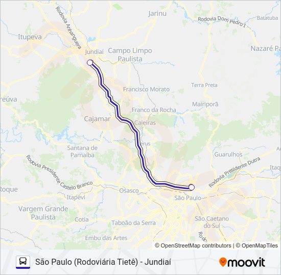 Mapa da linha SÃO PAULO (RODOVIÁRIA TIETÊ) - JUNDIAÍ de ônibus