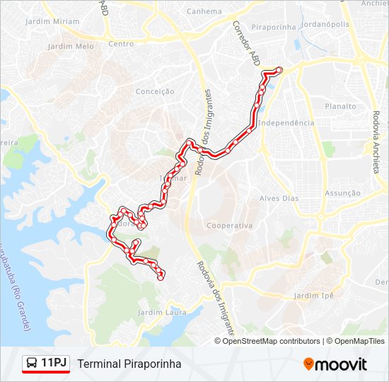 Mapa da linha 11PJ de ônibus