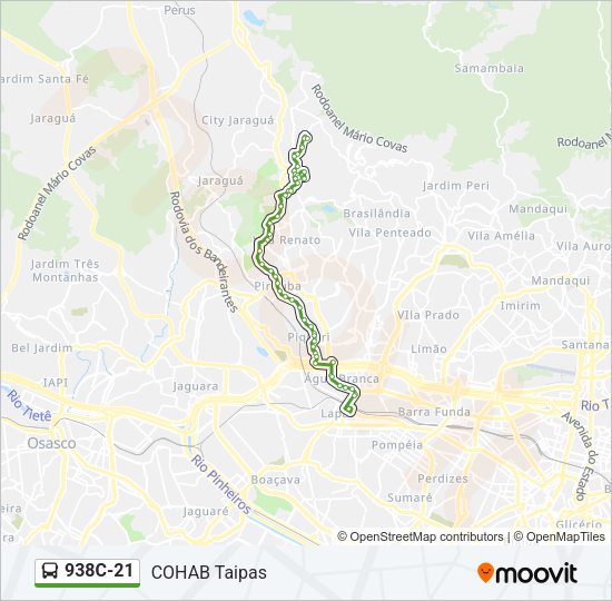 Mapa da linha 938C-21 de ônibus