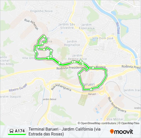 Mapa da linha A174 de ônibus