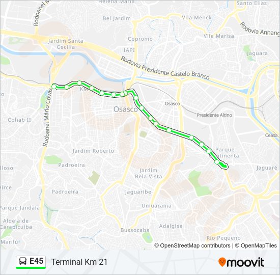 Mapa da linha E45 de ônibus
