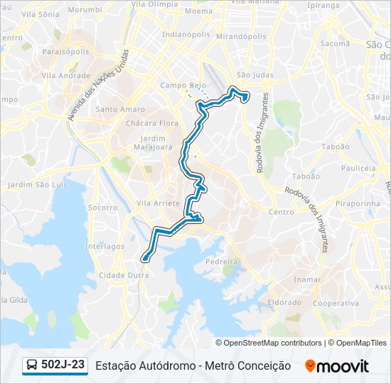 Mapa da linha 502J-23 de ônibus