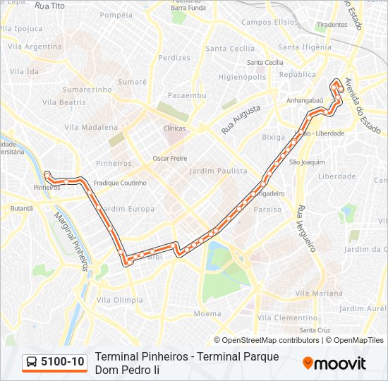 Mapa da linha 5100-10 de ônibus