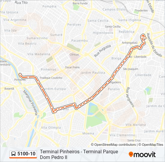 Mapa da linha 5100-10 de ônibus