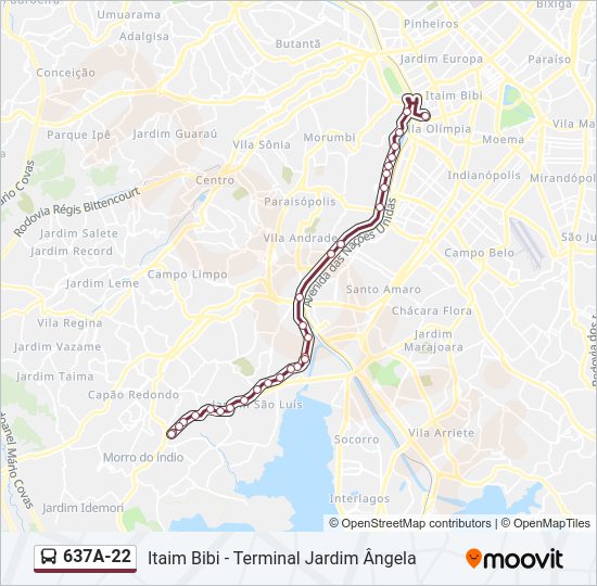 Mapa da linha 637A-22 de ônibus