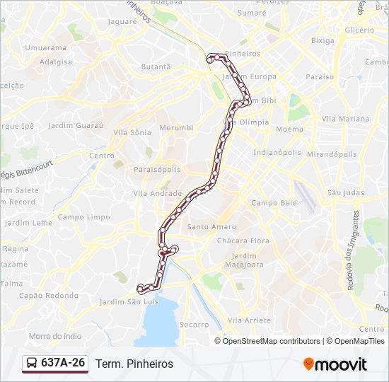 Mapa da linha 637A-26 de ônibus