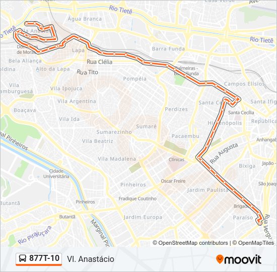 Mapa da linha 877T-10 de ônibus