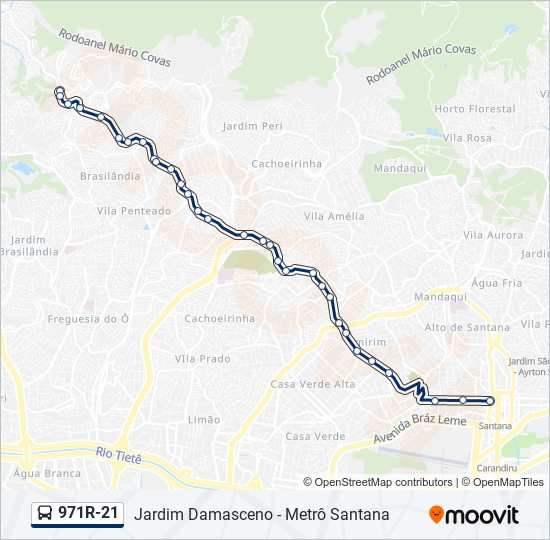 Mapa da linha 971R-21 de ônibus