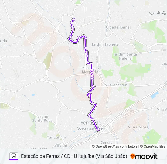 FV 002 ESTAÇÃO DE FERRAZ / CDHU ITAJUÍBE (VIA SÃO JOÃO) Bus Line Map
