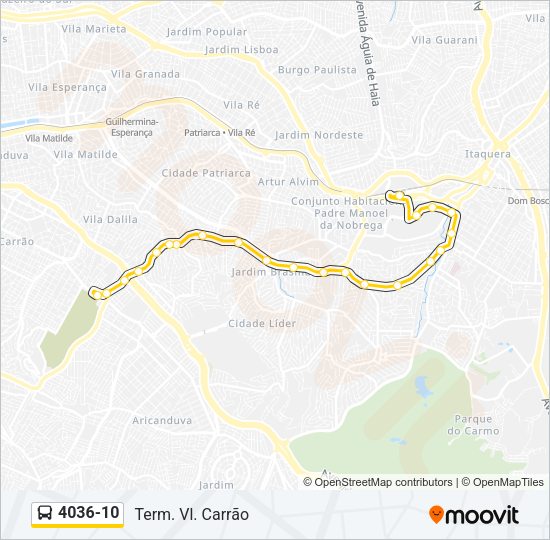 Mapa da linha 4036-10 de ônibus