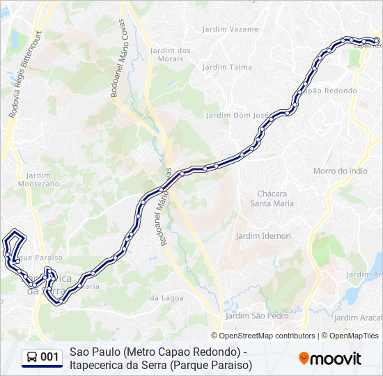 Rota da linha 001 horários, paradas e mapas Itapecerica da Serra (Parque Paraiso) (Atualizado) Rota da linha 001 horários, paradas e mapas Itapecerica da Serra (Parque Paraiso) (Atualizado)