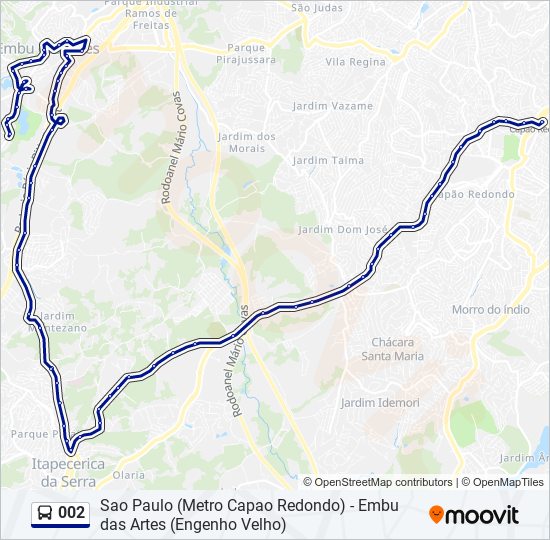 Mapa da linha 002 de ônibus