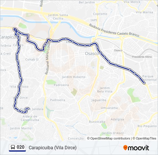 Mapa da linha 020 de ônibus