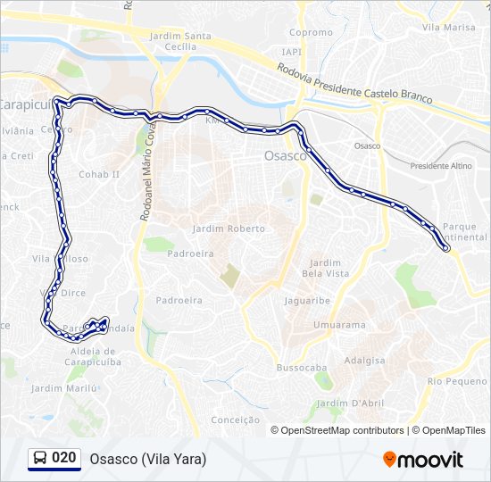 Mapa da linha 020 de ônibus