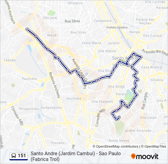 Mapa da linha 151 de ônibus