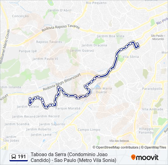 Mapa da linha 191 de ônibus