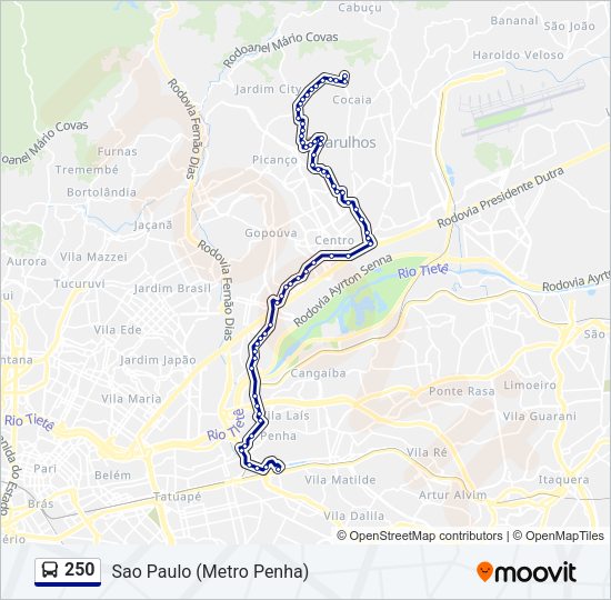 Mapa da linha 250 de ônibus