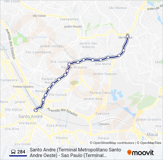 Mapa da linha 284 de ônibus