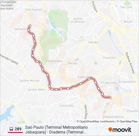 Mapa da linha 289 de ônibus