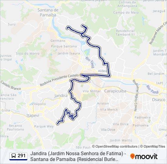 Mapa da linha 291 de ônibus