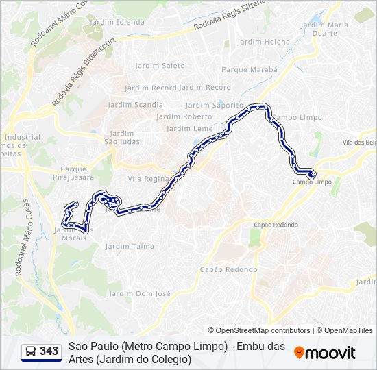 Mapa da linha 343 de ônibus