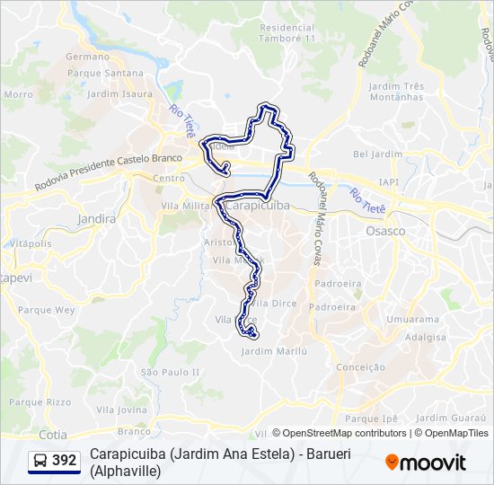 Mapa da linha 392 de ônibus